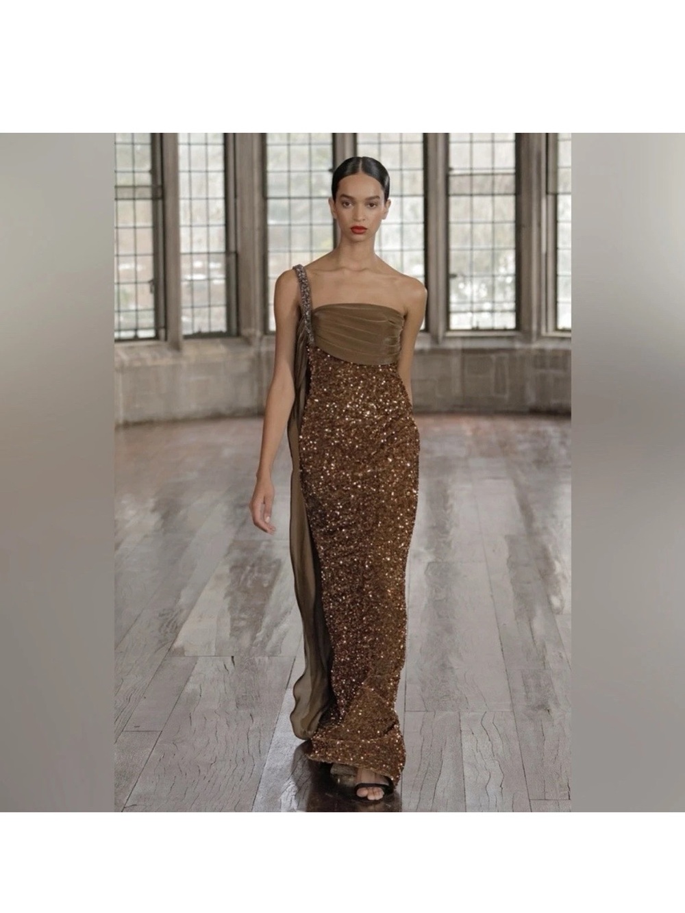 Badgley Mischka Bronze One-Shoulder Sequin Gown